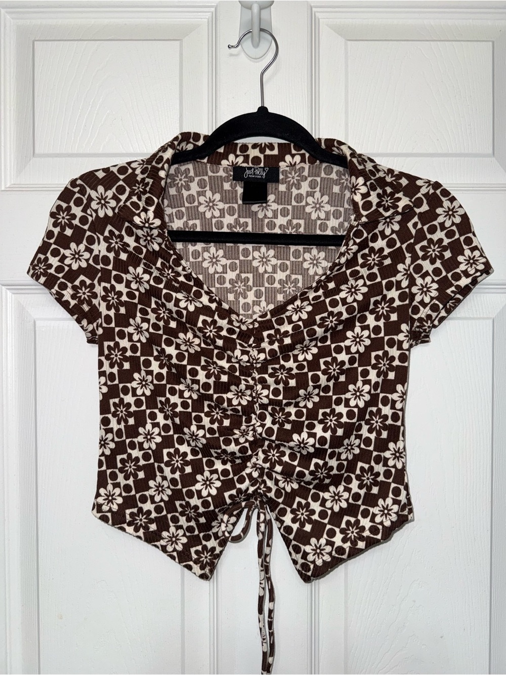 Brown and White Floral Ruched Crop Top